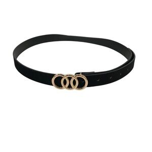 Black and Gold Slim Belt with Interlocking Rings Faux Suede Triple Circle